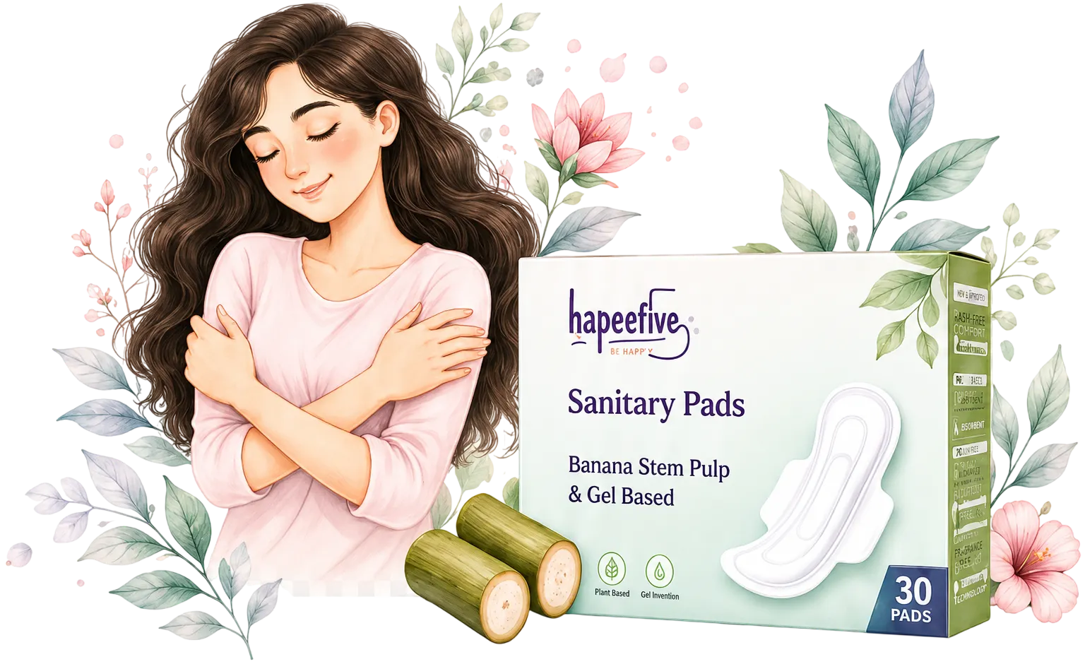 Woman with Hapeefive sanitary pad product surrounded by natural flowers